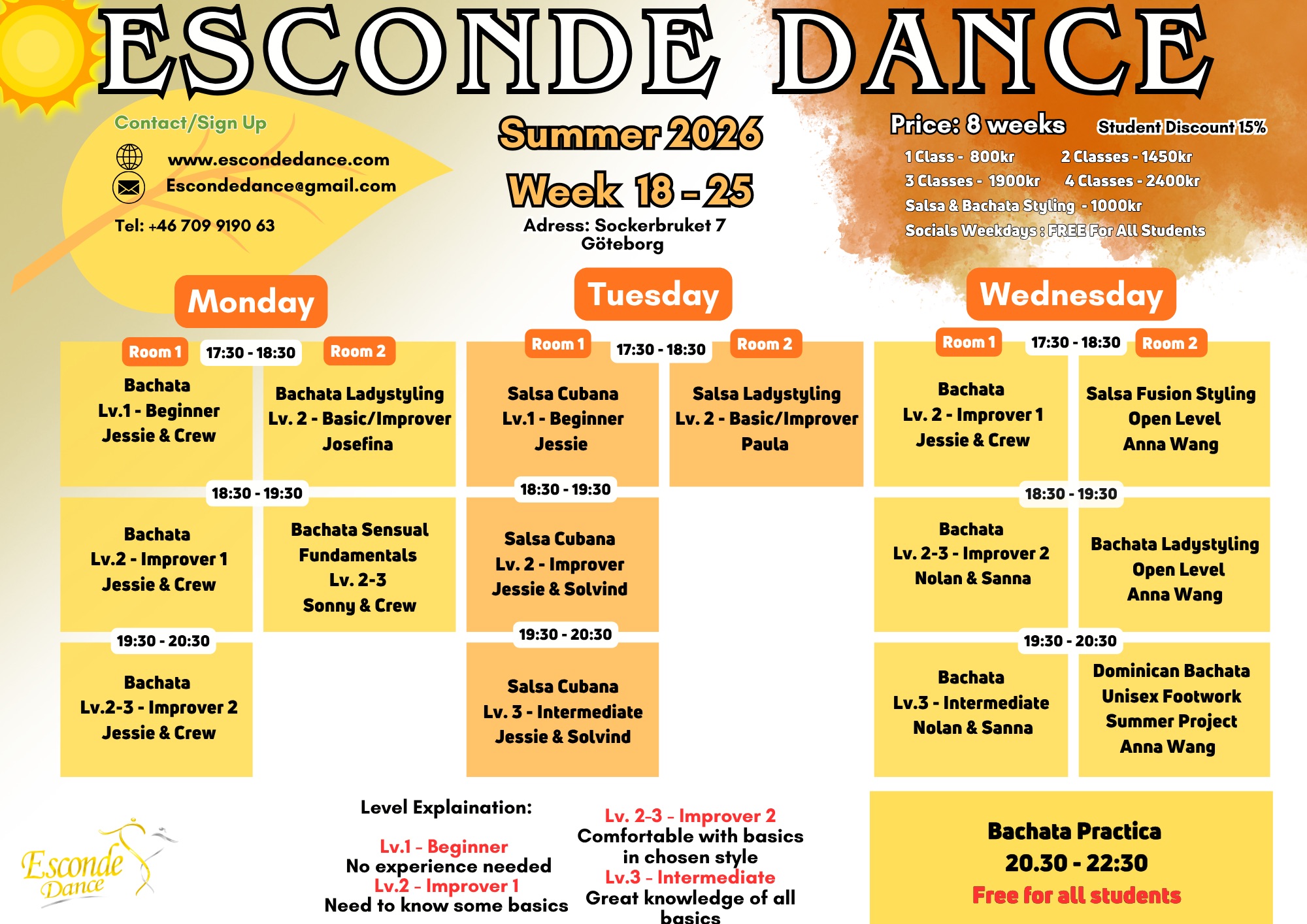 Esconde Dance - Summer Schedule 2026 - Salsa, Bachata ✨️ GRATIS PROVA-PÅ VECKA 18