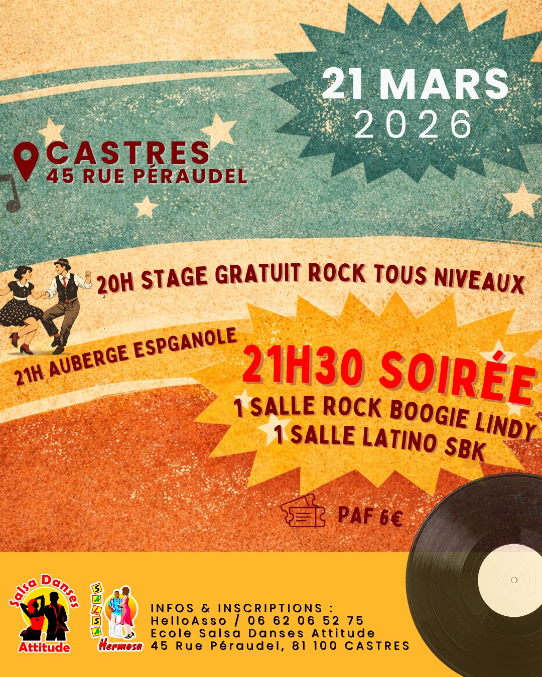 Soirée dansante SBK + Lindy Rock l Stage gratuit de Rock tous niveaux à 20H