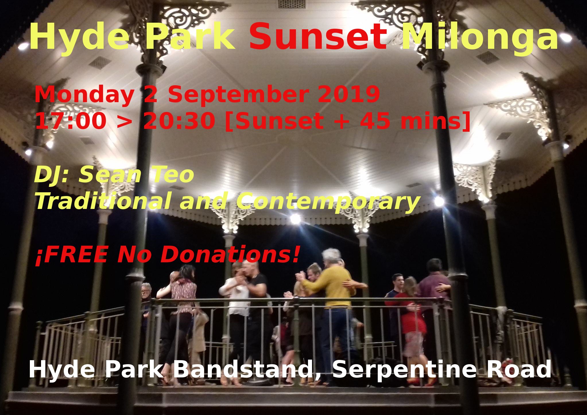 Free Hyde Park Sunset Milonga 2Sep19