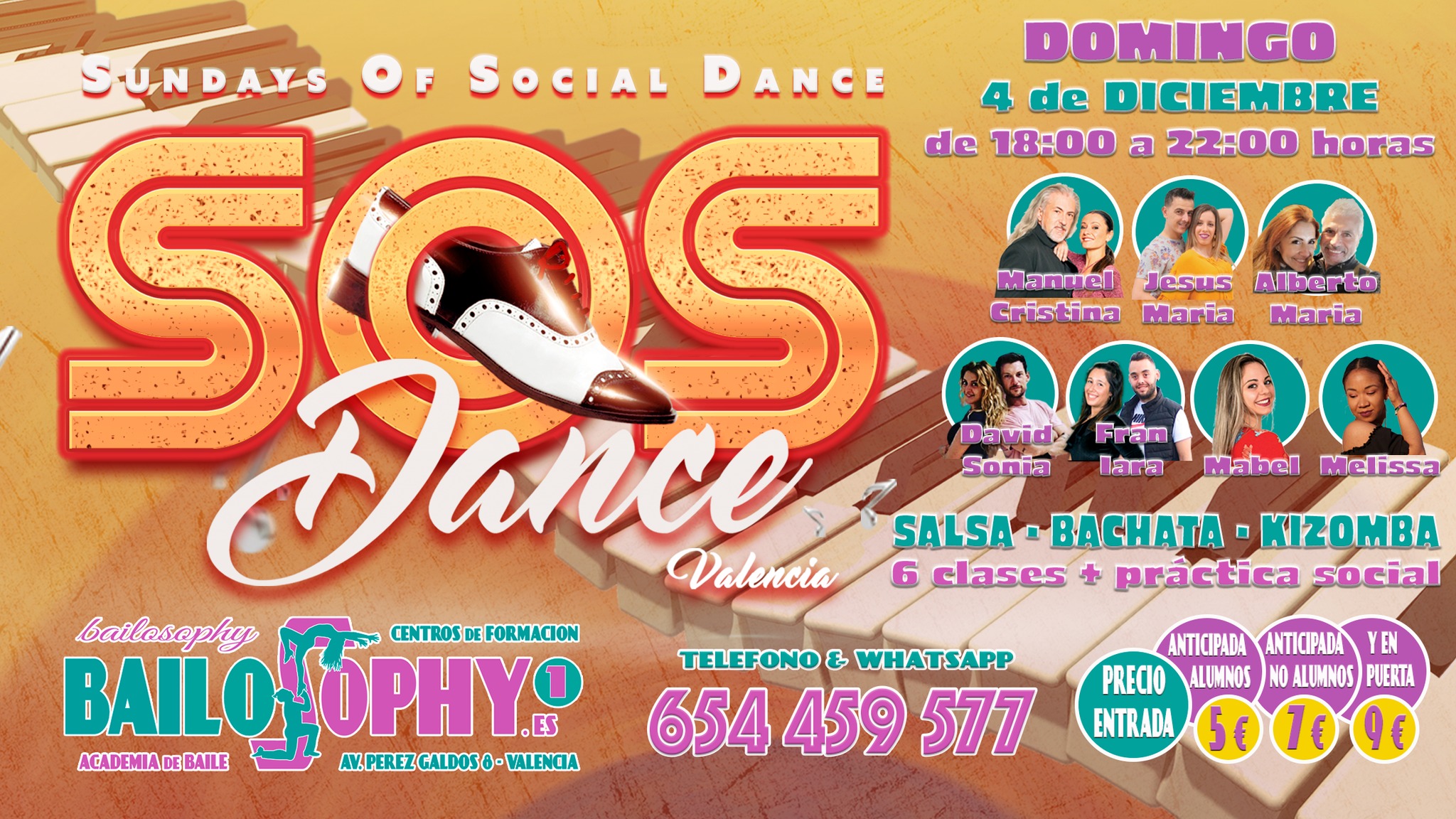 SOS DANCE el Domingo 4 de Diciembre con 6 clases de Salsa, Bachata y Kizomba + Práctica Social