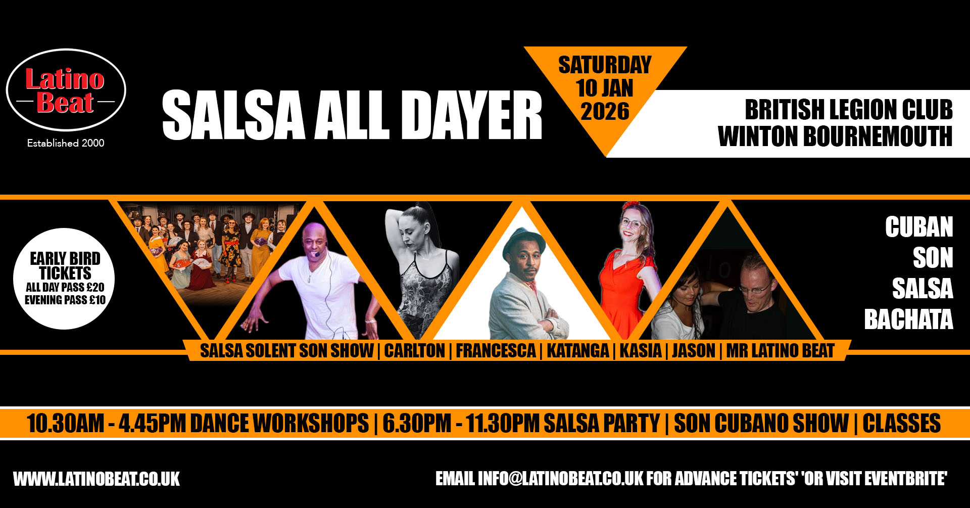 Latino Beat SALSA ALL DAYER SAT 10 JAN 2026 Bournemouth Party Show Classes Discount Tickets Now!