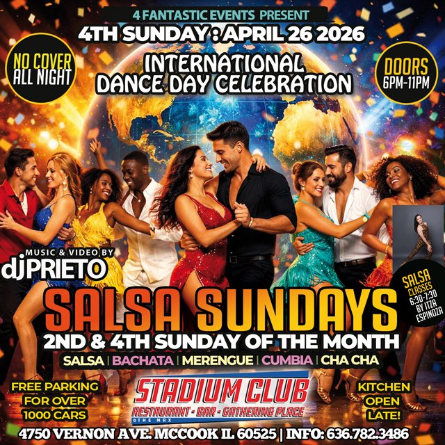 International Dance Day Celebration Salsa Sunday @ The Stadium Club β¨ππΊ