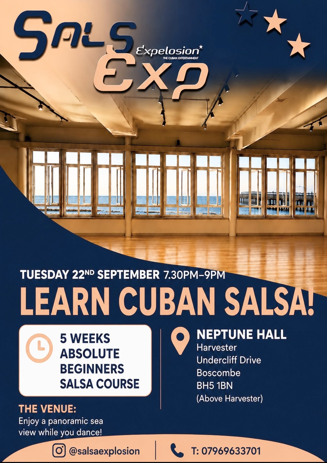 Cuban Salsa Course! 5 Weeks Absolute Beginner, Amazing Hall with Panoramic sea views