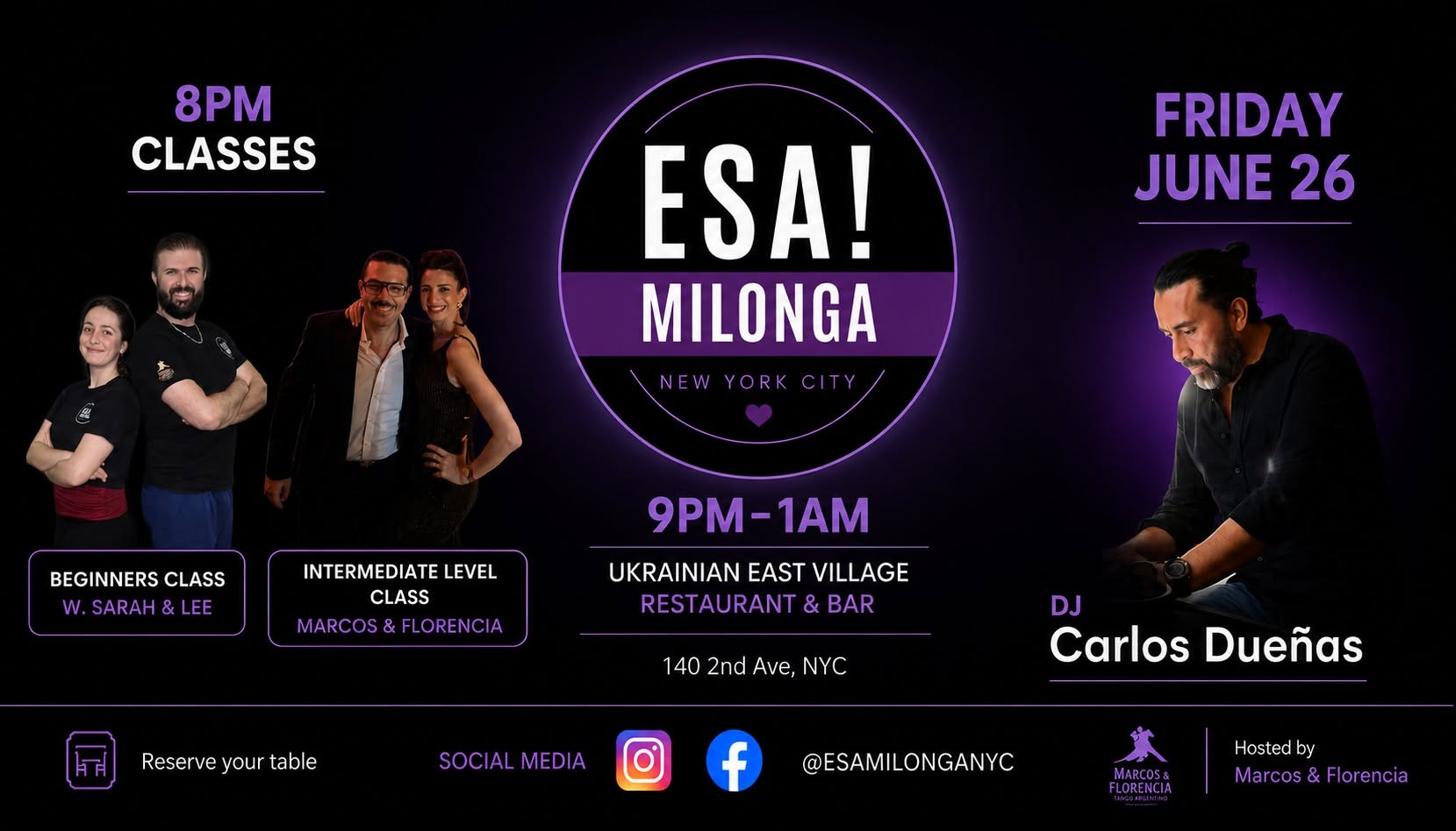 ESA! MILONGA NYC w. DJ Carlos Dueñas + Beg & Int Classes