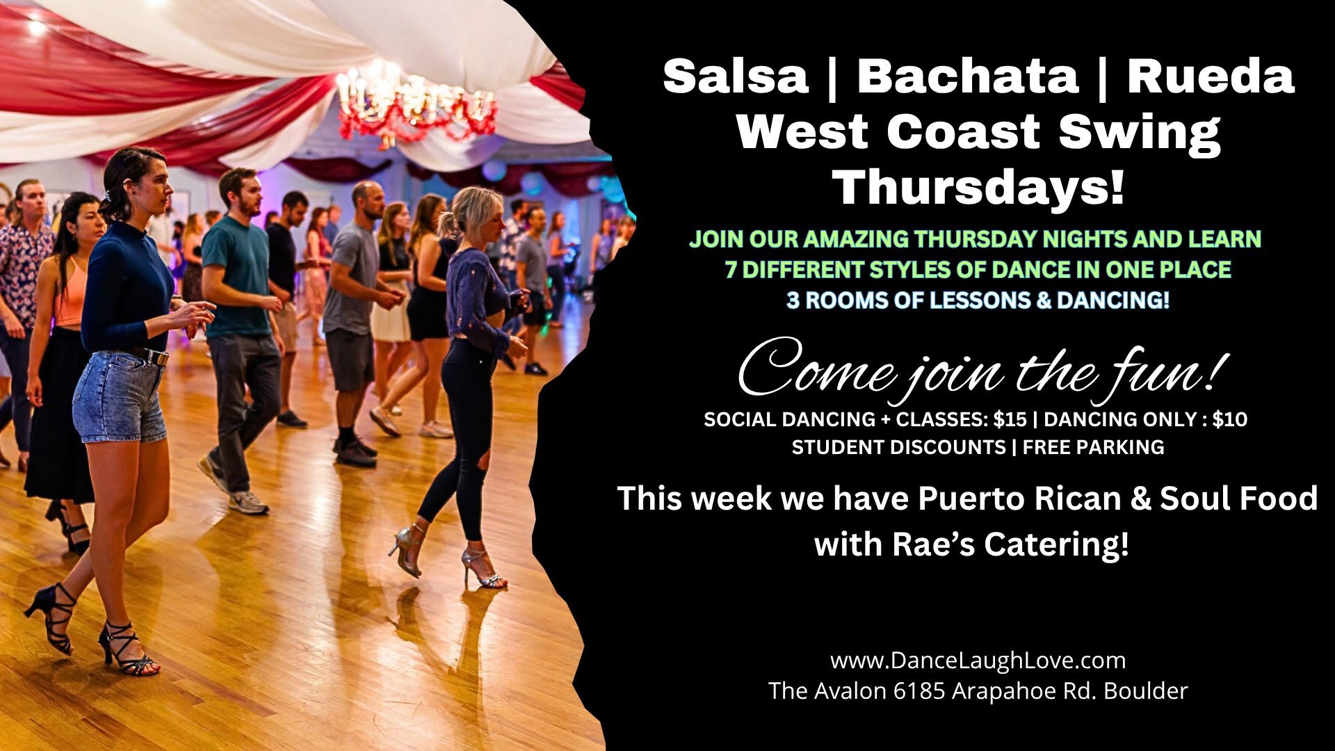 Salsa, Rueda, Bachata, West Coast Swing! Let's Dance! Puerto Rican & Soul Food This Week!