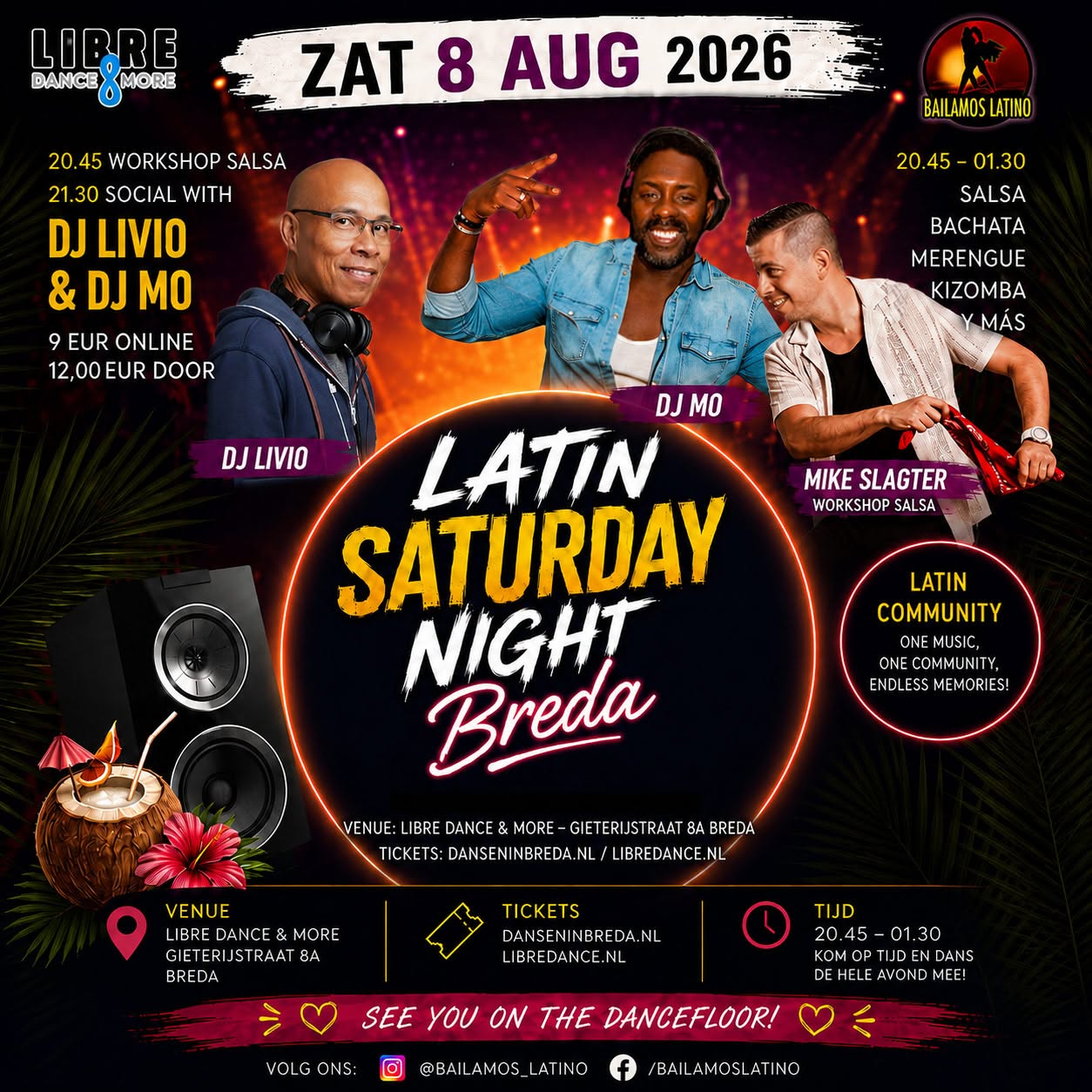 ZAT 8 AUG 2026 LATIN SATURDAY BREDA MO & LIVIO WORKSHOP SALSA VVK 9 EUR deur 12 EUR