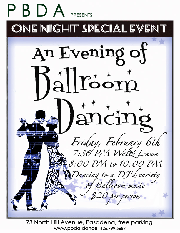 "An Evening of Ballroom Dancing" THIS FRIDAY NIGHT, FEB. 6th at PBDA! (w pre-dance Waltz Lesson)