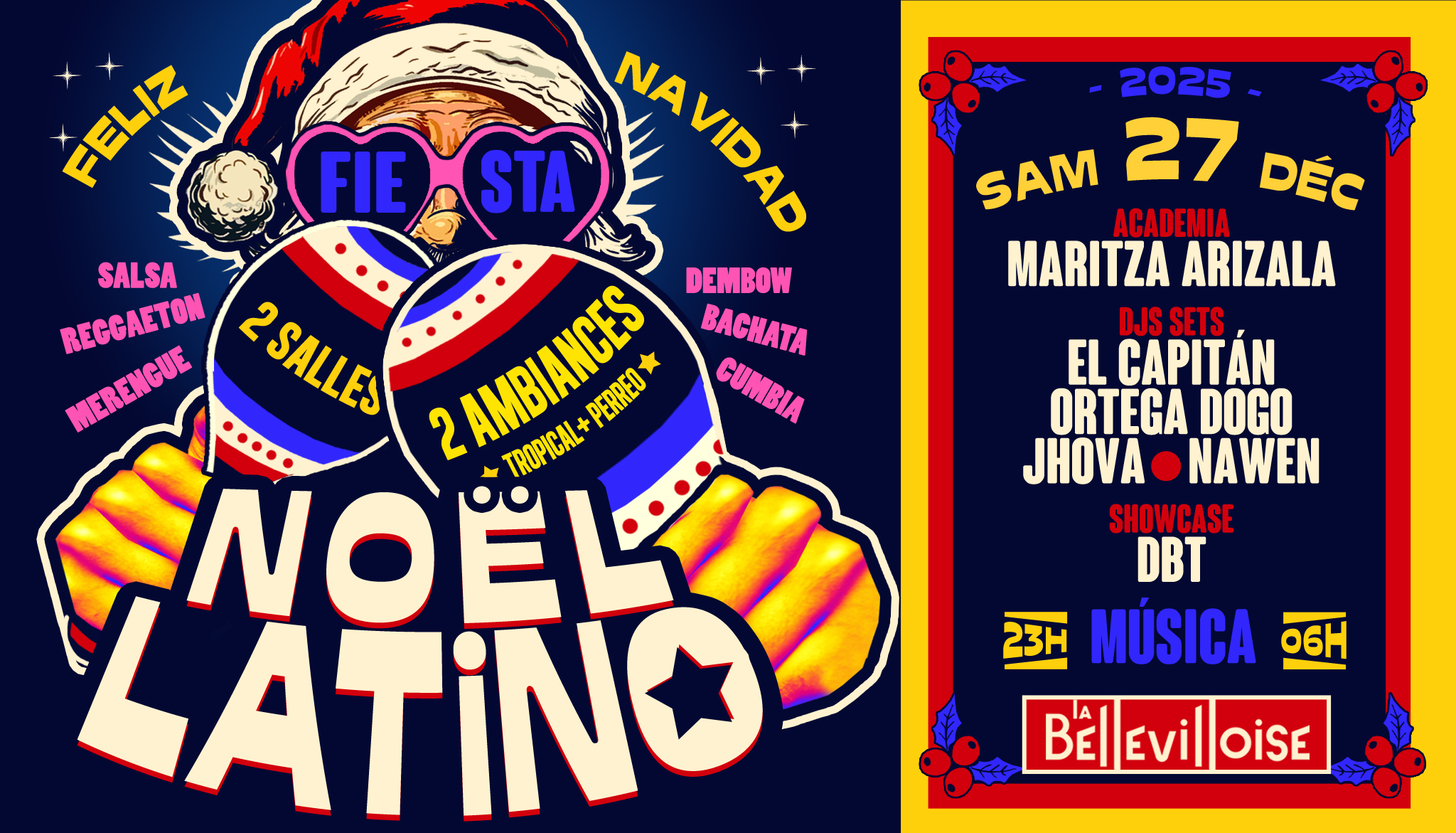 UN NOËL LATiNO À LA BELLEViLLOiSE🌴 Sam.27.Déc.2025 🎄 2 SALLES 2 AMBiANCES 🎅 Tropical-vs-Perreo