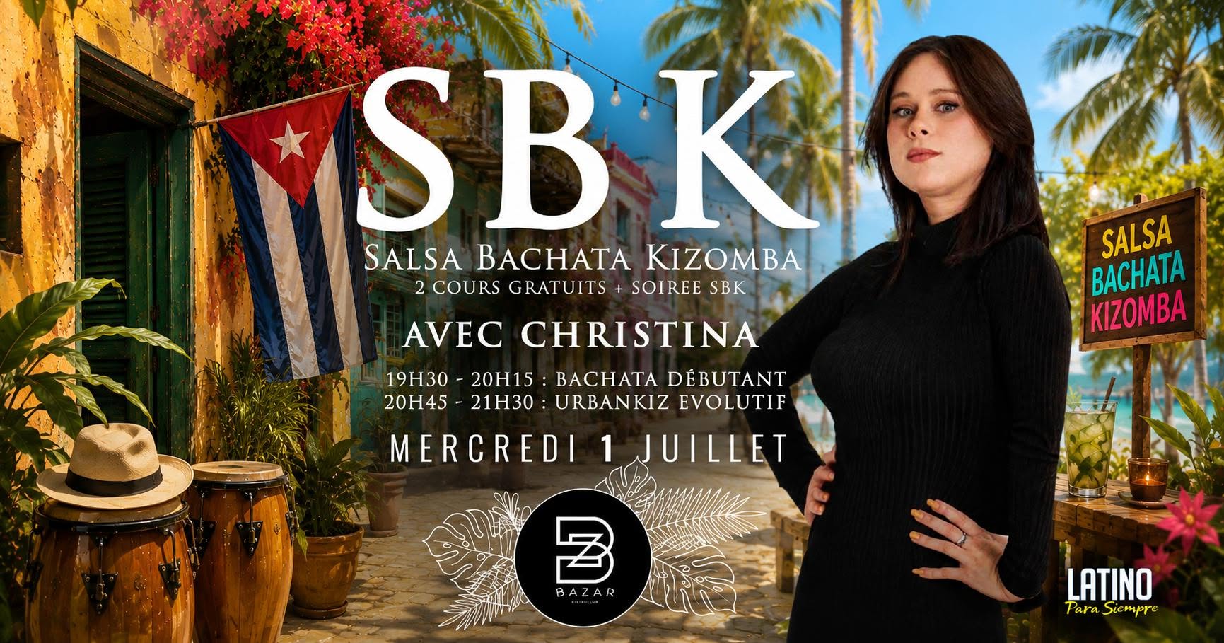 2 cours + Soirée Salsa Bachata Kizomba avec Christina au Bazar