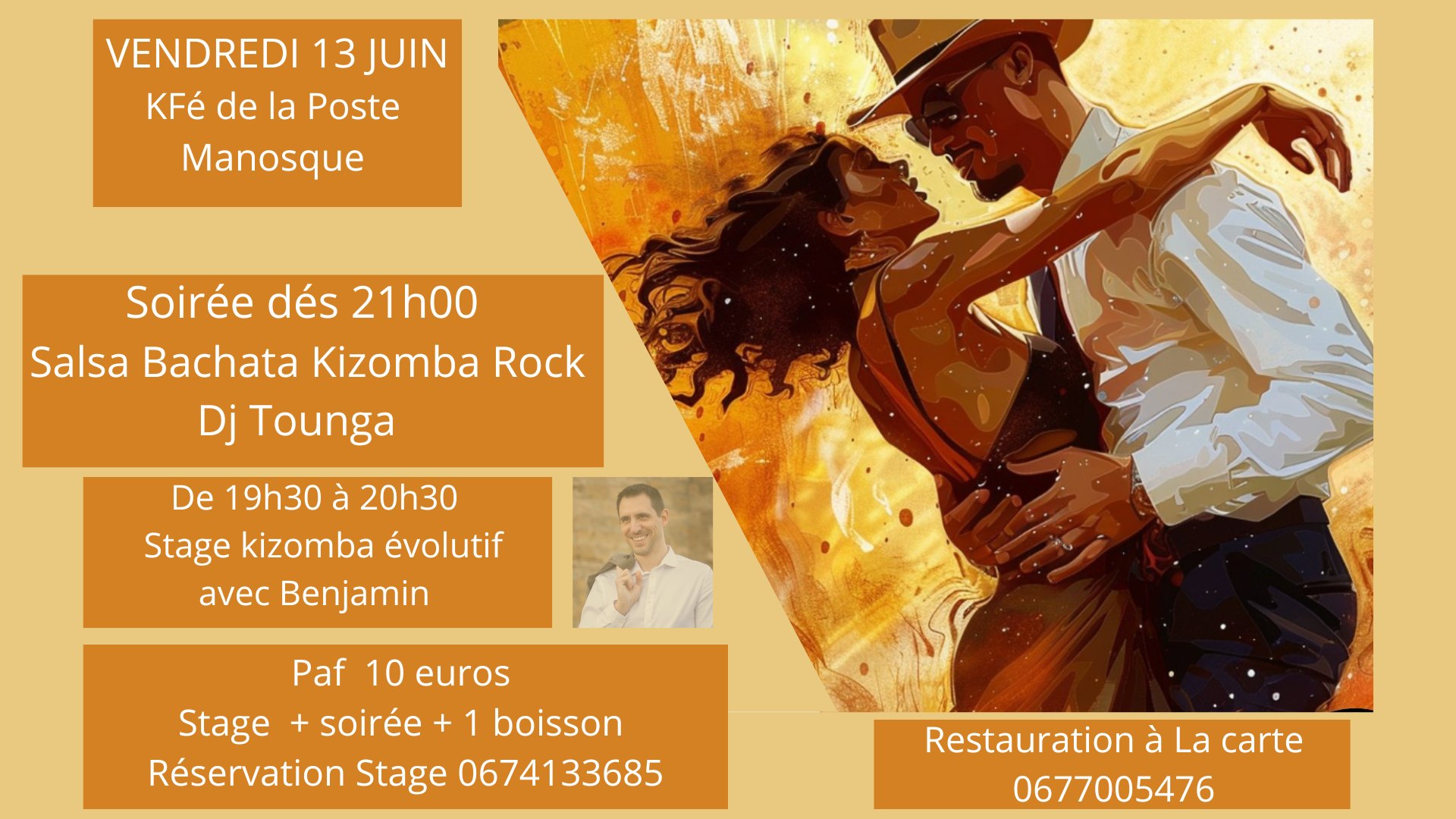 Fiesta Salsa Bachata Kizomba du Kfé de la Poste Stage Kizomba avec Benjamin & Dj Tounga