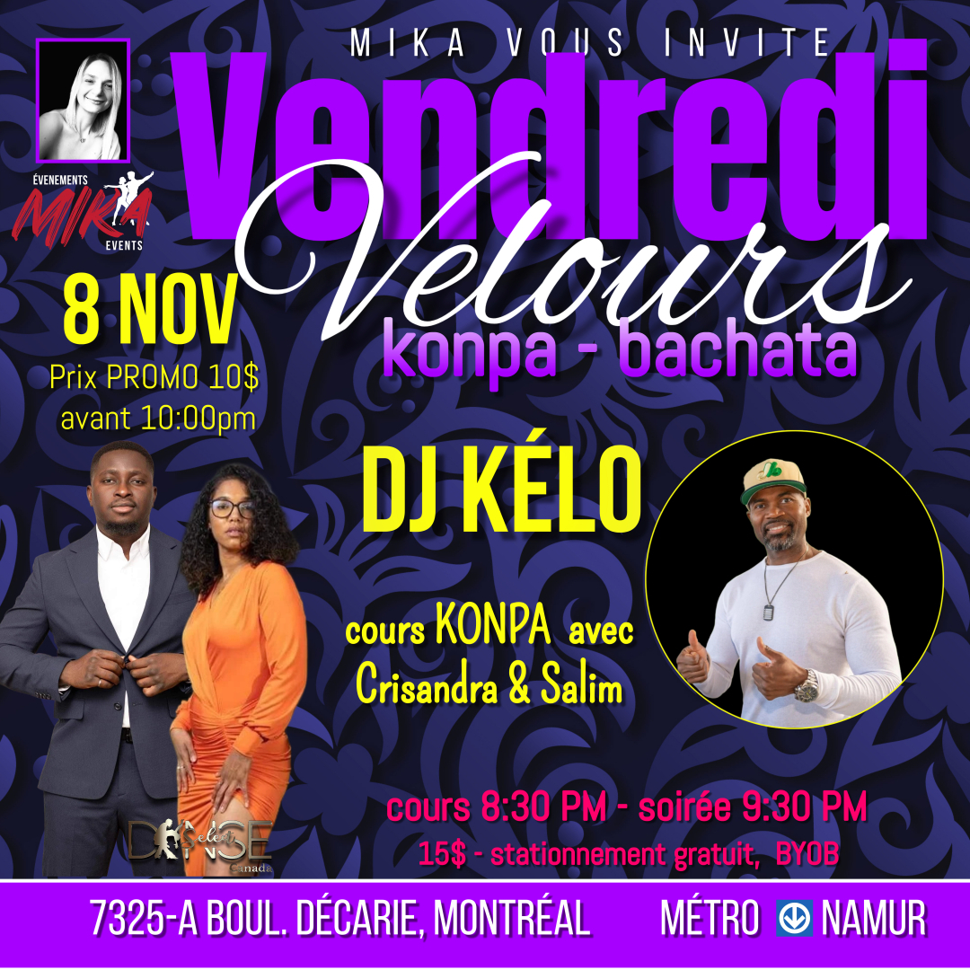 VENDREDI Velours, 8 nov. KONPA-BACHATA 💜 cours konpa 8:30 pm