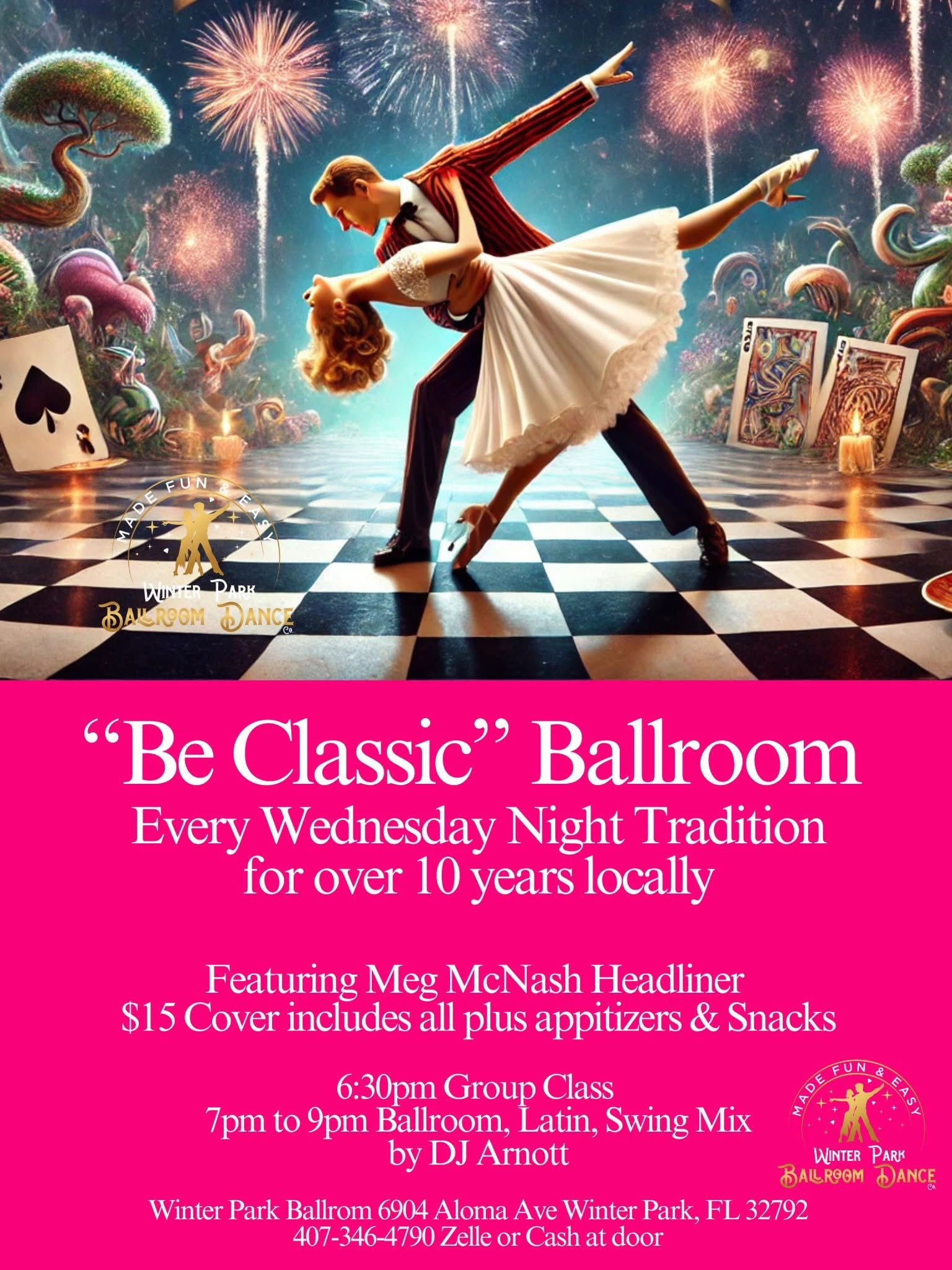 Meg McNash is Headliner Wednesday "Be Classic" Ballroom Dance w. Samba Fun Class