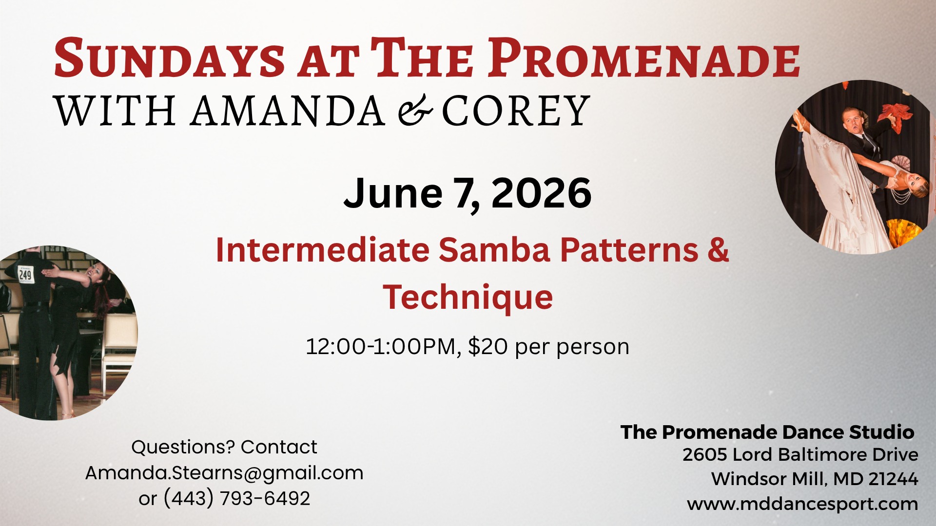 Sunday Workshop at The Promenade: Intermediate Samba Patterns & Technique with Amanda & Corey