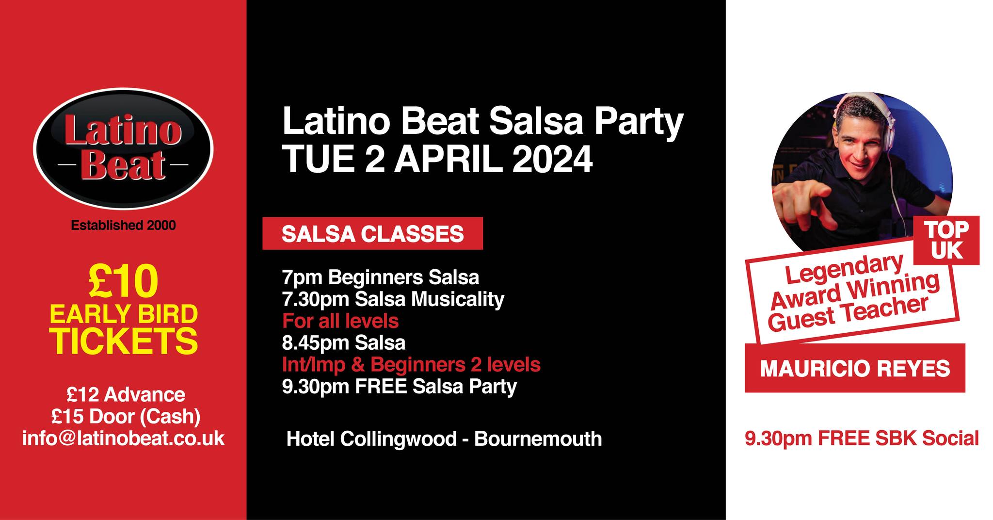 Latino Beat Salsa Party Bournemouth TUE 2 APR Legendary Award Winning Salsa Teacher MAURICIO REYES