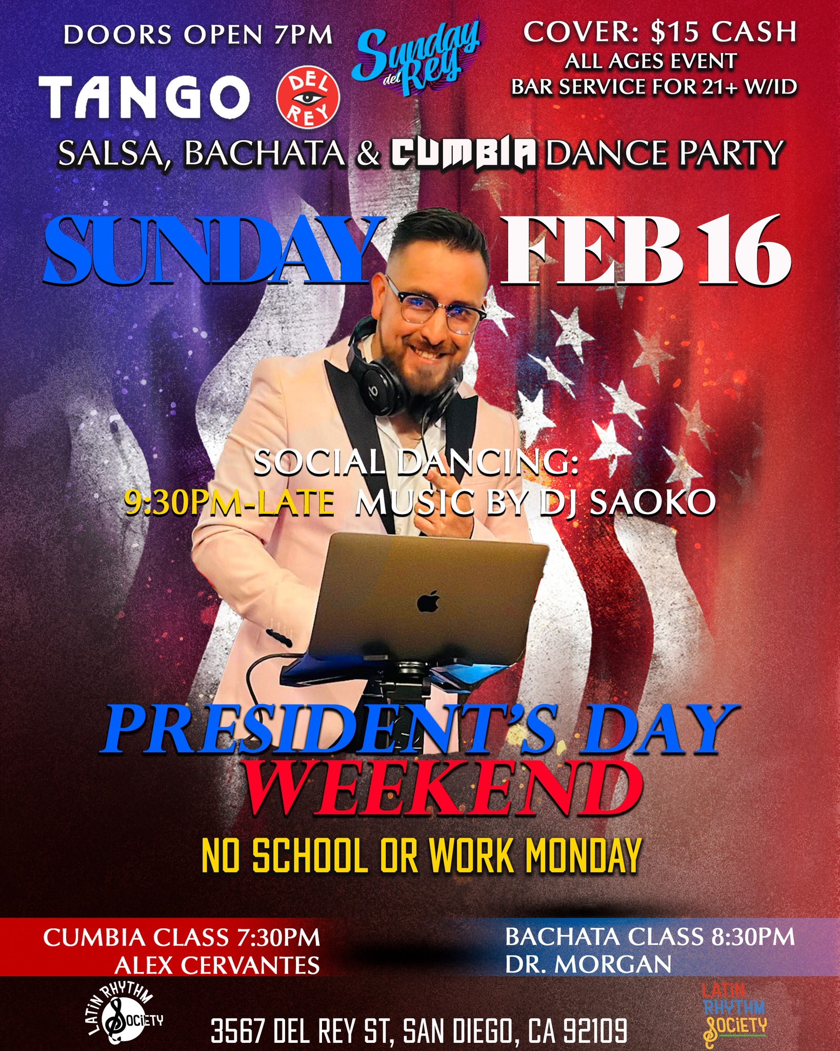 SUNDAY DEL REY SALSA BACHATA & CUMBIA DANCE PARTY SUNDAY FEB 16