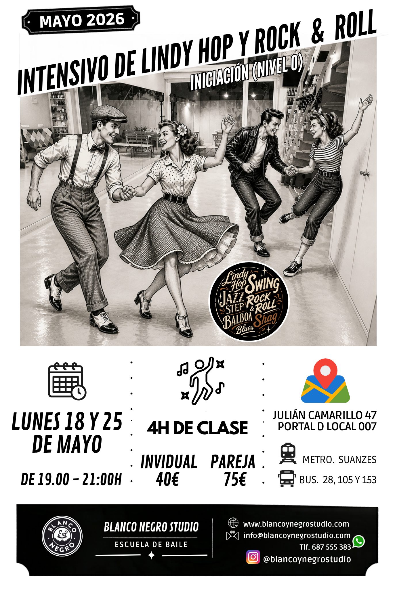 NUEVO Intensivo de Swing Lindy Hop y Rock & Roll Iniciación. En Blanco y Negro Studio.