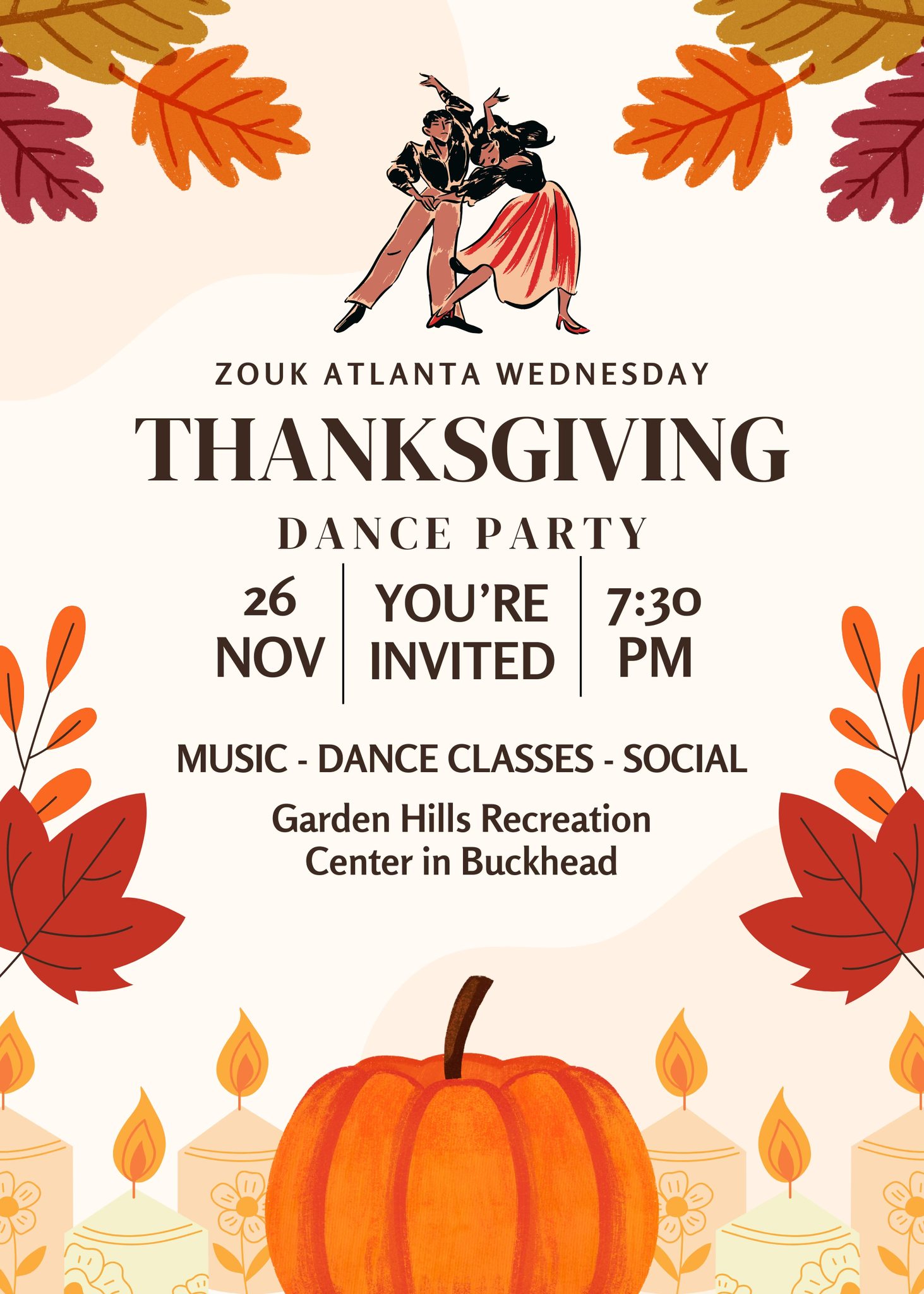 Thanksgiving Wednesday! Learn to Dance at Zouk Atlanta! Partner Dance Classes & Party in Buckhead ❤️