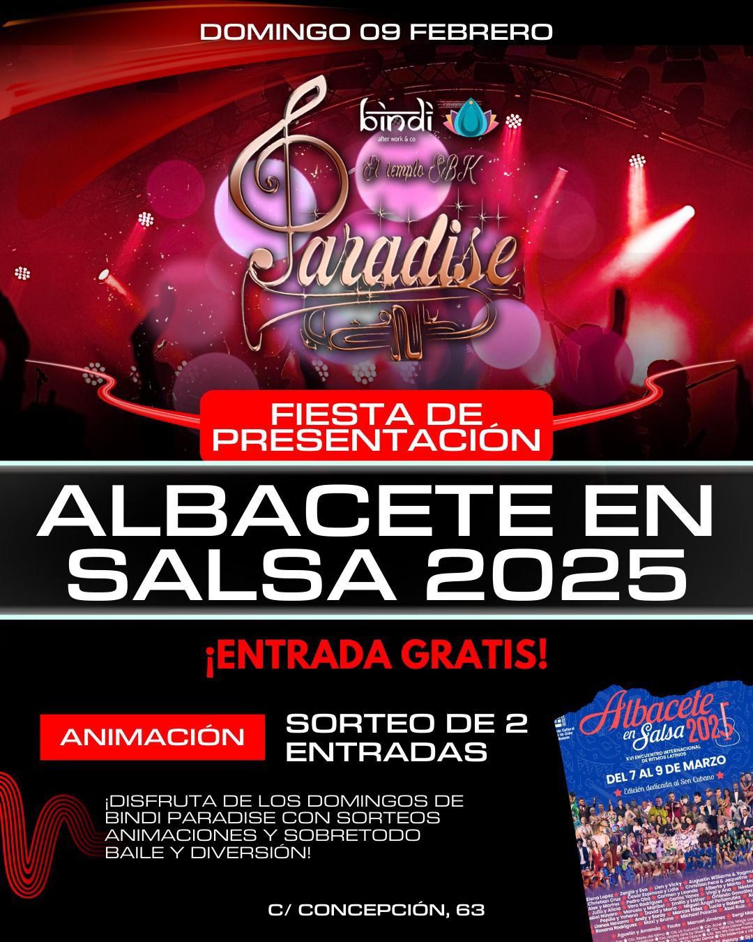 Fiesta Presentaciรณn del XVI "Encuentro "ALBACETE EN SALSA 2025" en espacio Bindi Paradise.
