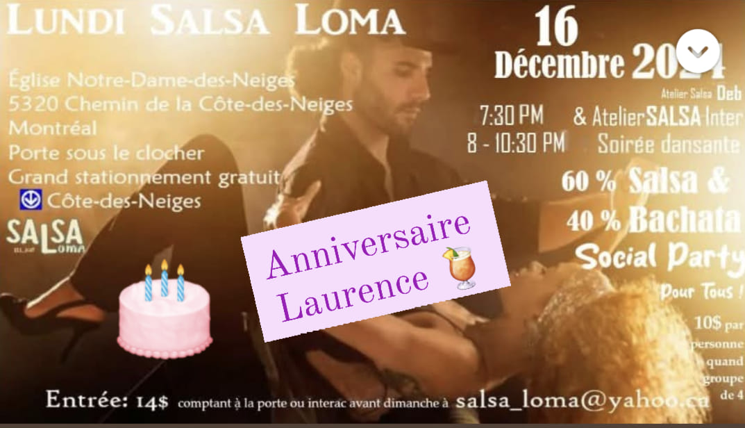 Social Salsa 🎂 Anniversaire de Laurence 💃 16 Dec 🕺Cours + Soirée Salsa & Bachata 🌴7:30-10:30 pm