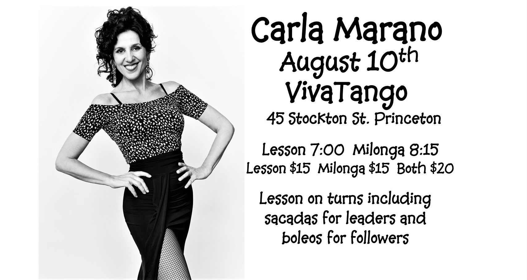 Carla Marano from Buenos Aires will teach and host a milonga in Princeton