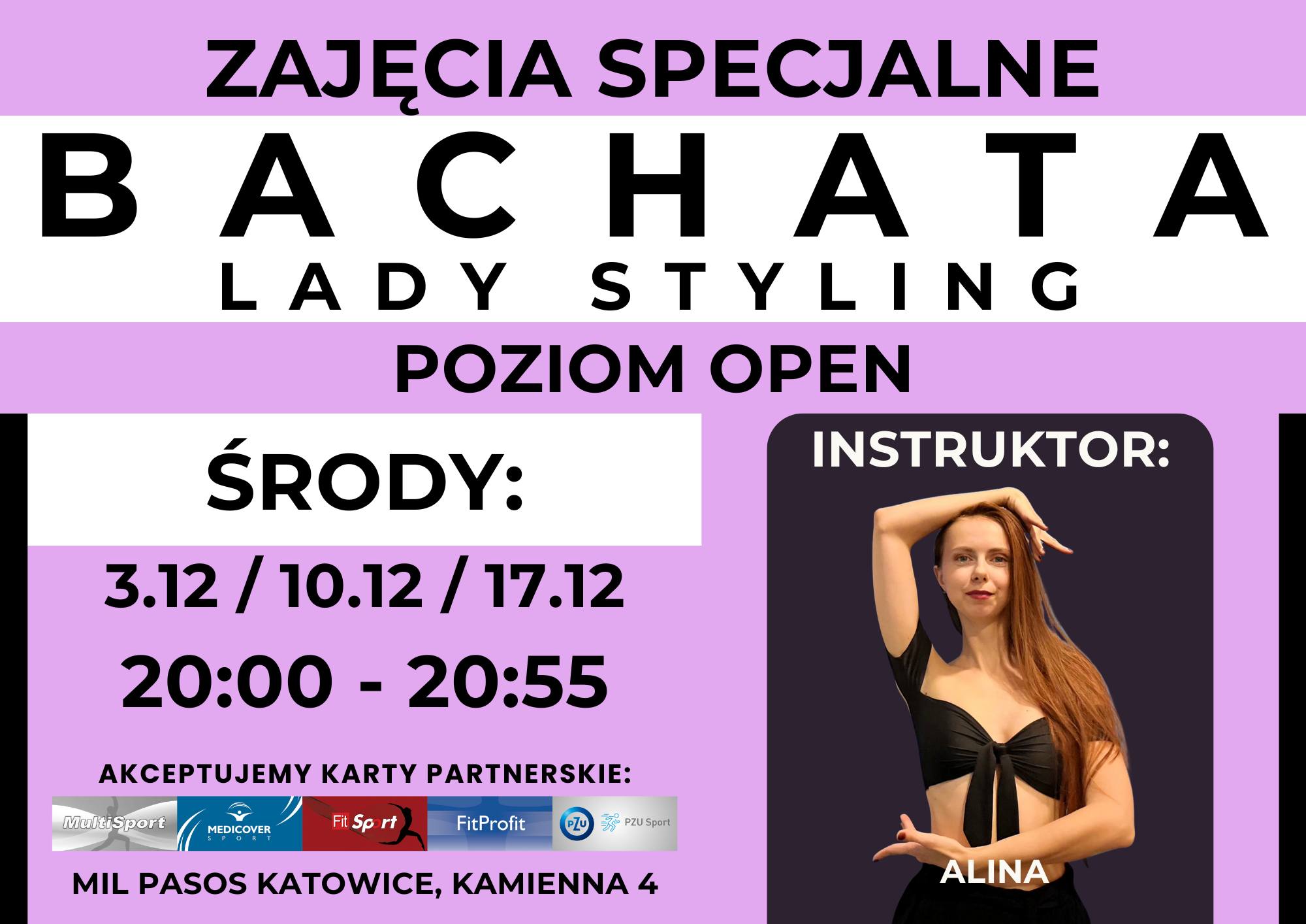 ZAJĘCIA SPECJALNE DLA PAŃ - BACHATA IMPROVE YOURSELF - 3 ŚRODY GRUDNIA - 20:00 - 20:55 OD 3.12.2025