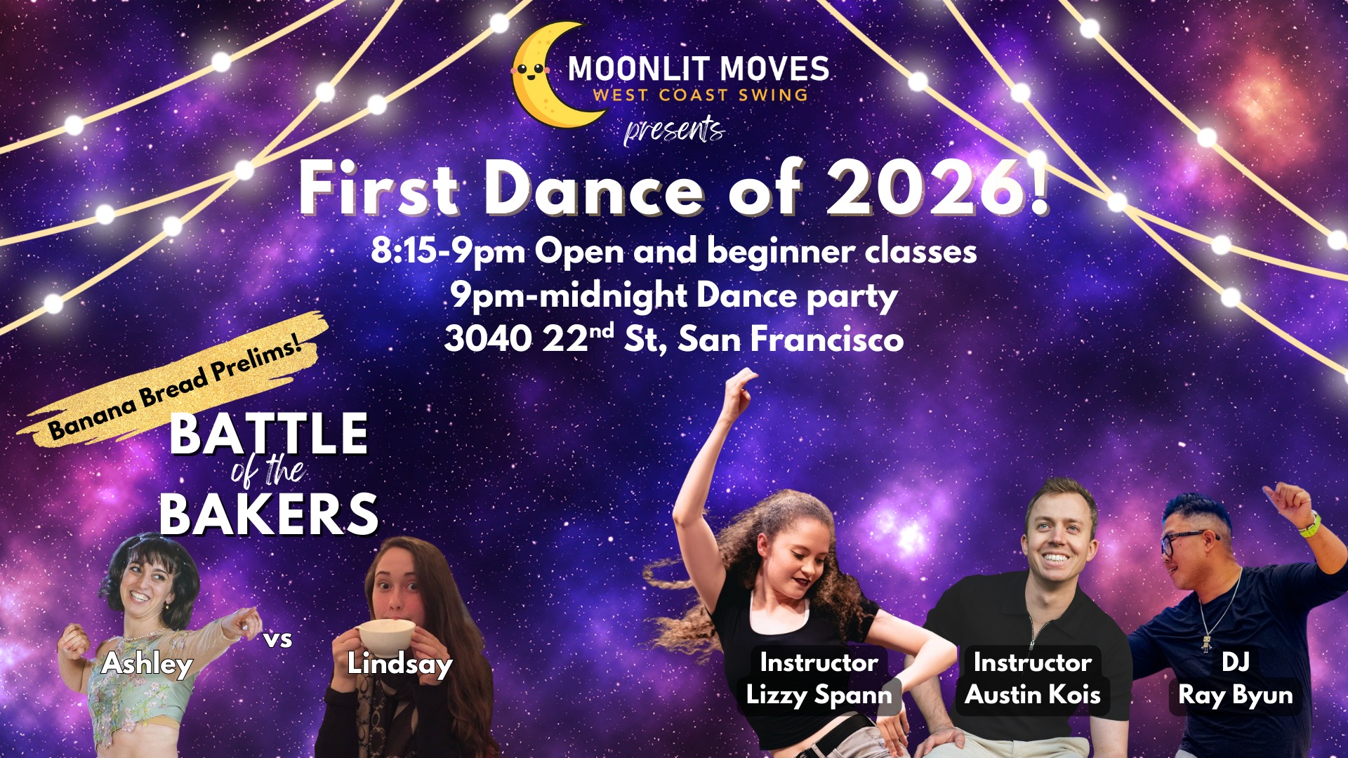 Moonlit Moves WCS! 1st Dance of 2026 🎊 ft. Lizzy Spann, Austin Kois, DJ Ray 🍌🍞Ashley v Lindsay🥊!