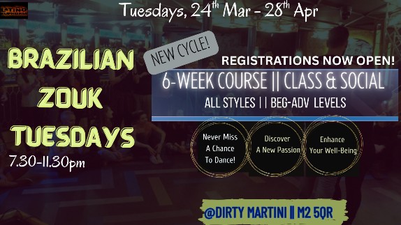 New 6-Week Cycle! 'BRAZILIAN ZOUK TUESDAYS' (Tues 24th Mar- 28th Apr) CLASS & SOCIALS, All-Levels