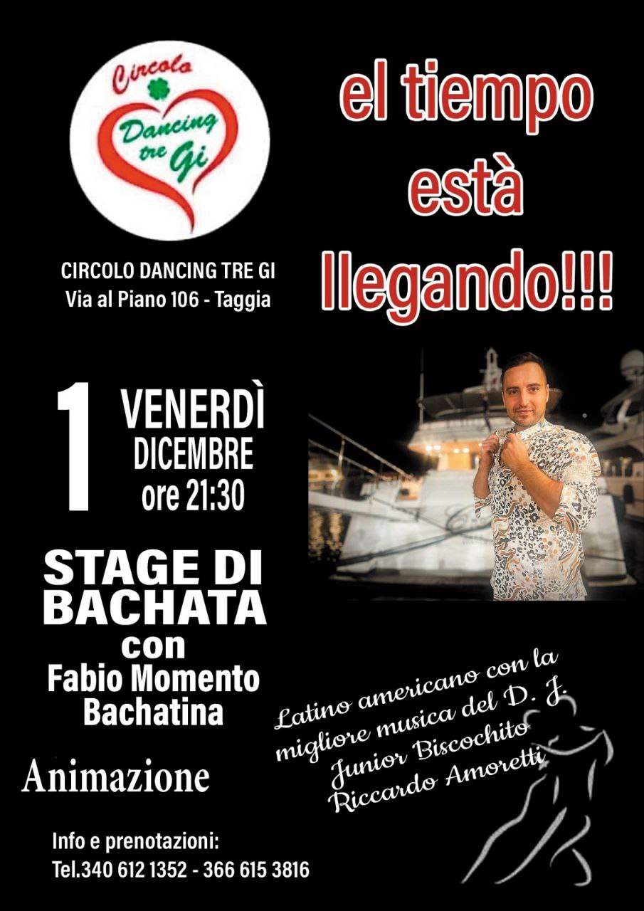 Stage di Bachata Fusion con Fabio โMomento Bachatinaโ e serata caraibica con Dj Biscochito