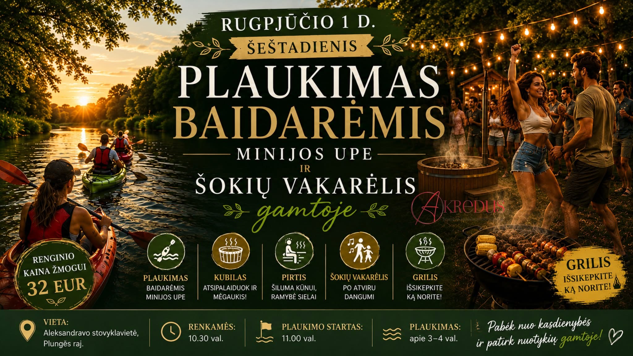 Plaukimas baidarėmis Minijos upe ir Šokių vakarėlis gamtoje Akredus šokių studija