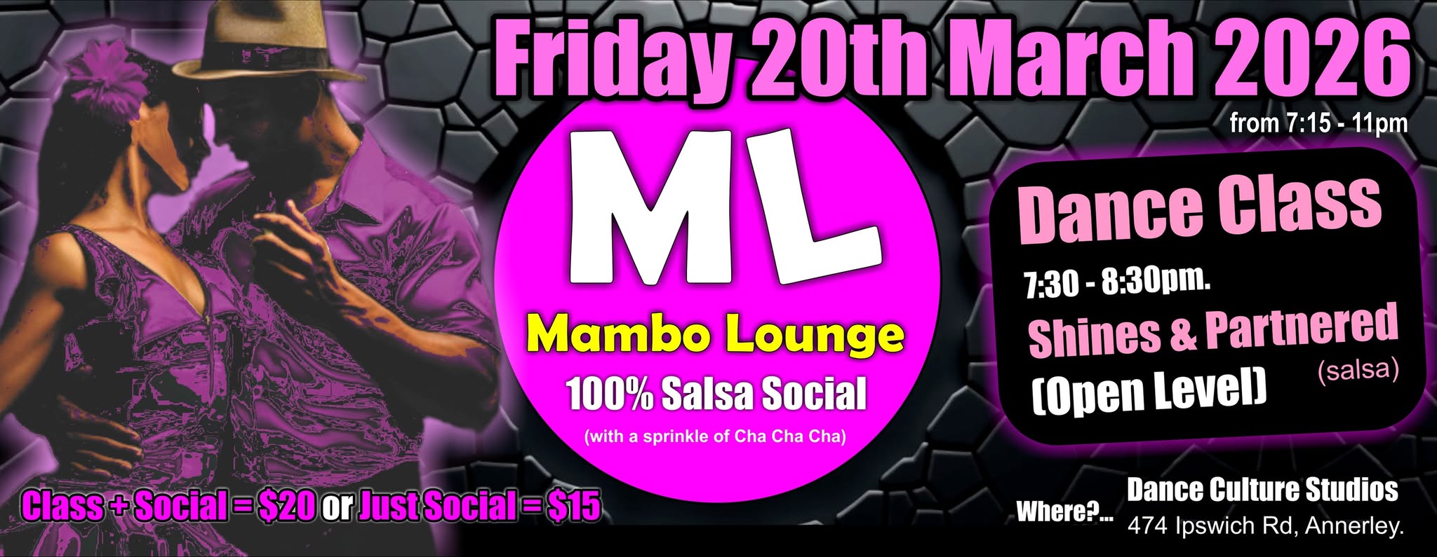 100% Salsa Social & DANCE CLASS! - 20 March 2026 - Mambo Lounge