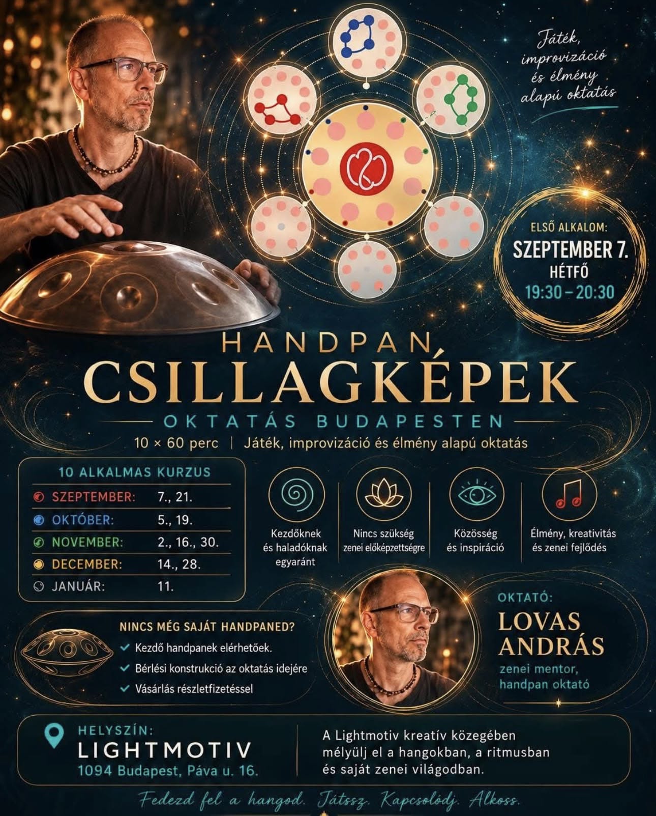 Handpan Csillagképek 10 alkalmas oktatás, Ingyenes Nyitott nap!