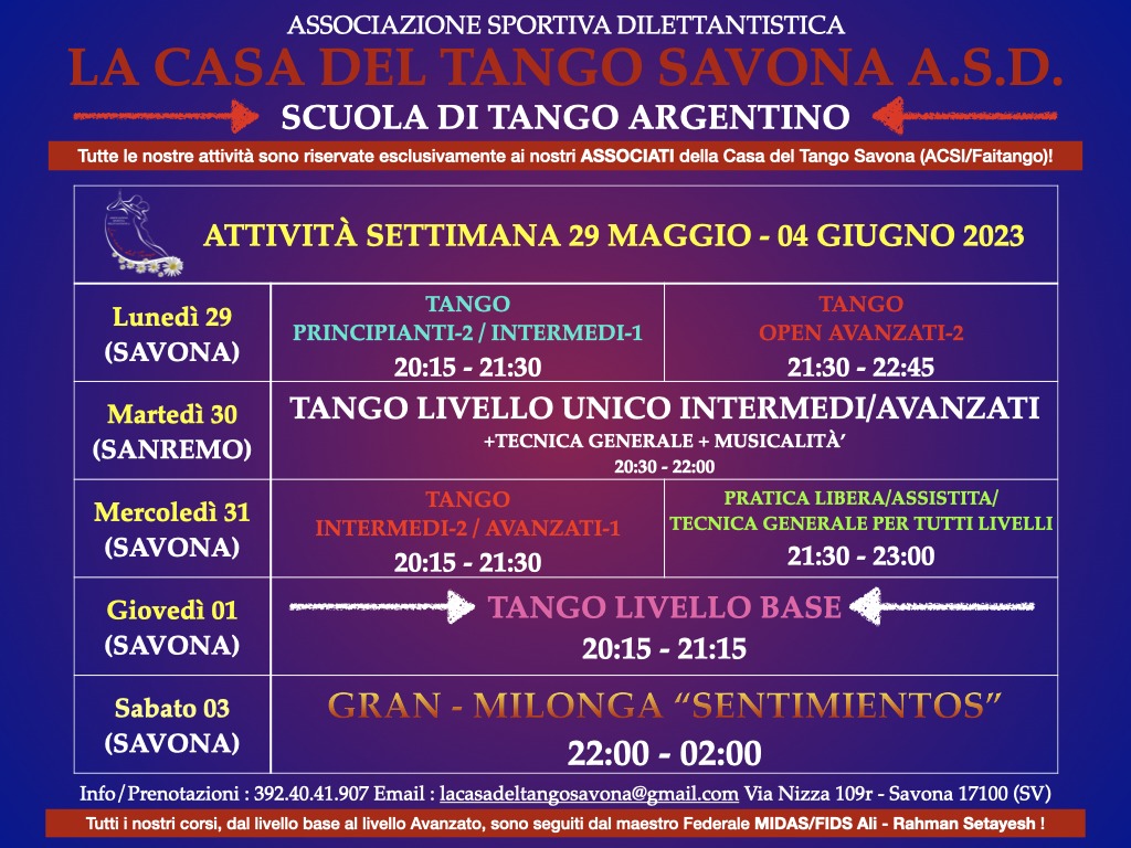 Attività settimana 29 Maggio-04 Giugno 2023 alla CASA DEL TANGO SAVONA ASD!