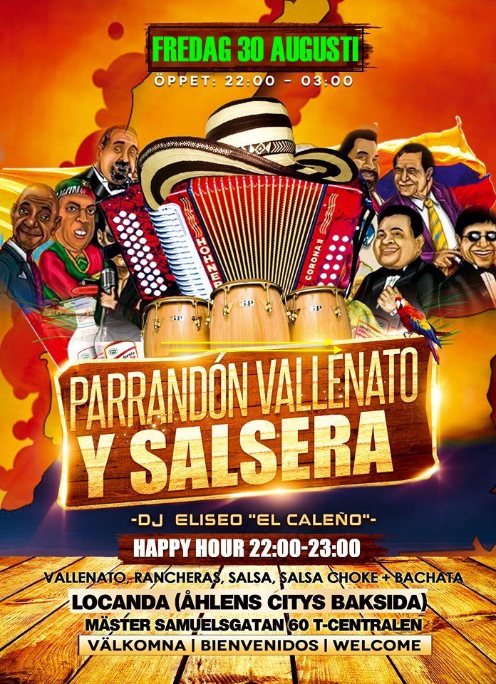 Parrandón Vallenato y Salsera Fredag 30 Aug. Locanda!