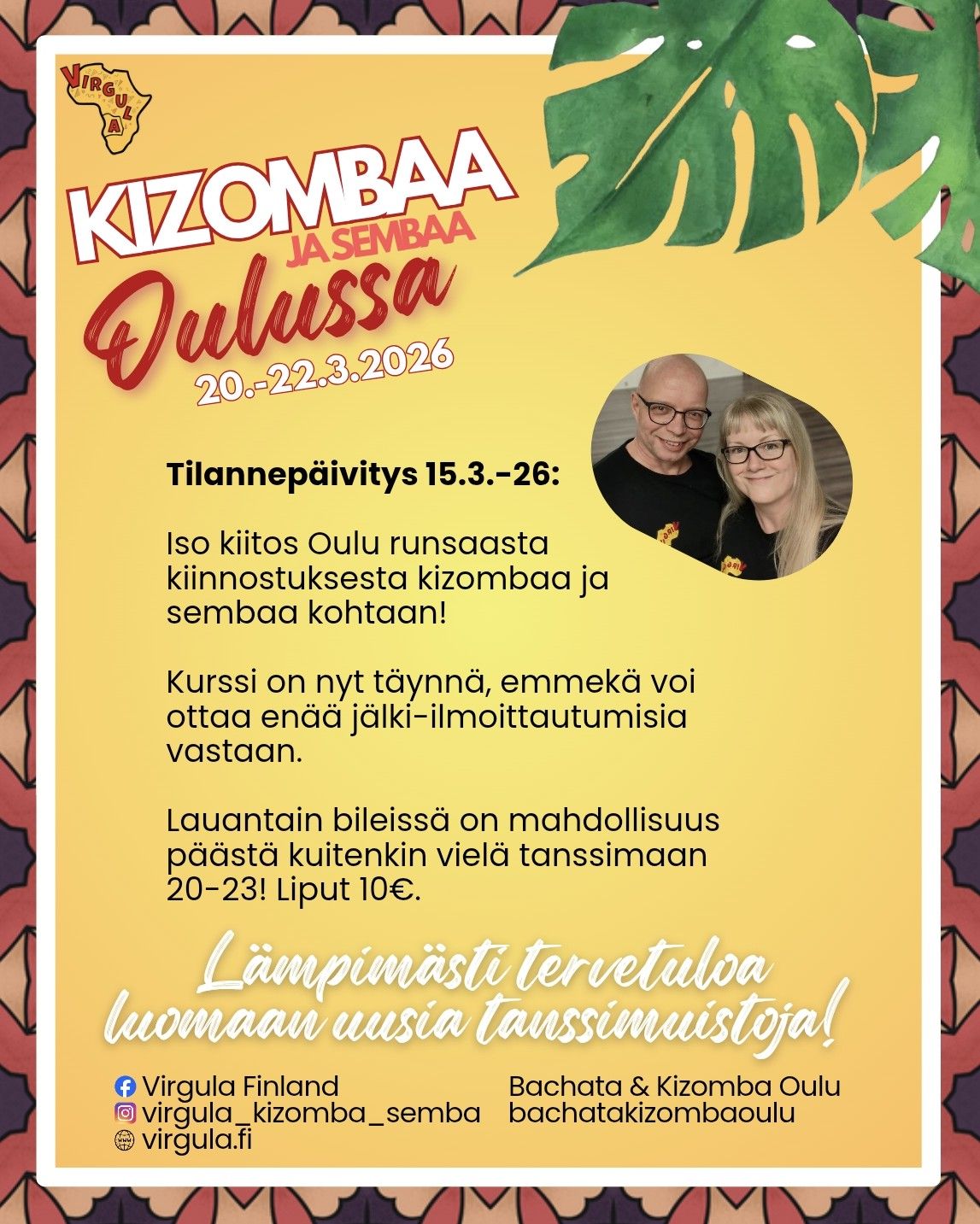 Kizombaa ja sembaa Oulussa 20.-22.3.2026 - Virgula Finland