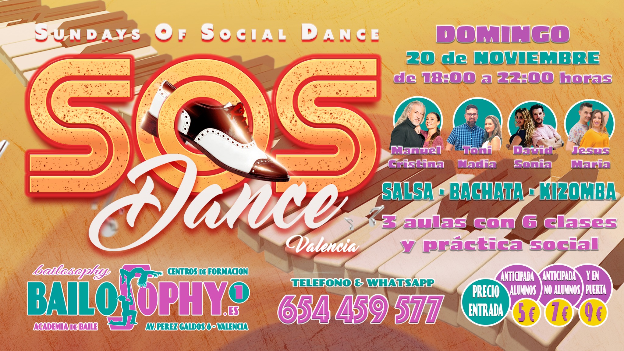 SOS DANCE el Domingo 20 de Noviembre con 6 clases de Salsa, Bachata y Kizomba + Práctica Social