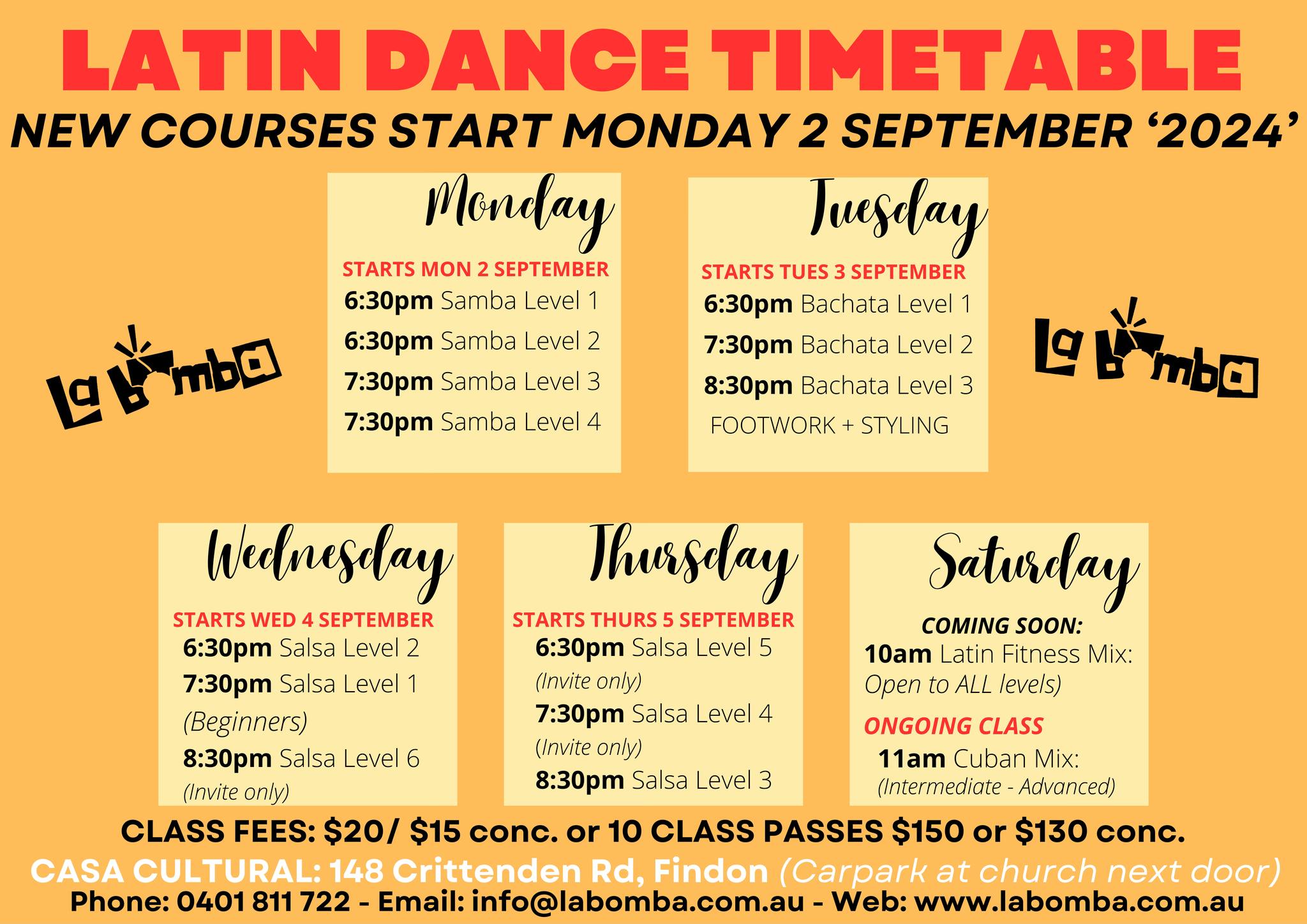 LEARN TO LATIN DANCE WITH LA BOMBA September Timetable