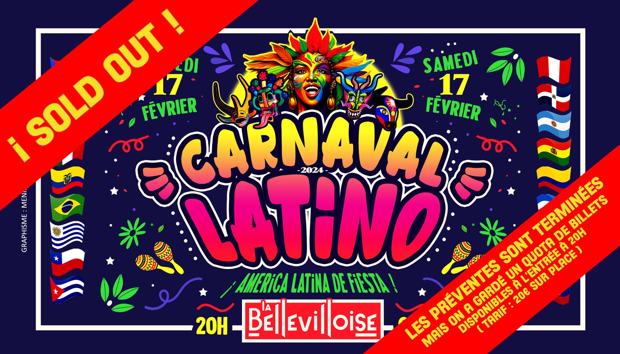 CARNAVAL LATINO 🐵 👹 🎭 À LA BELLEVILLOISE 🎉 PRÉVENTES SOLD OUT BILLETS EN VENTE SUR PLACE À 20H