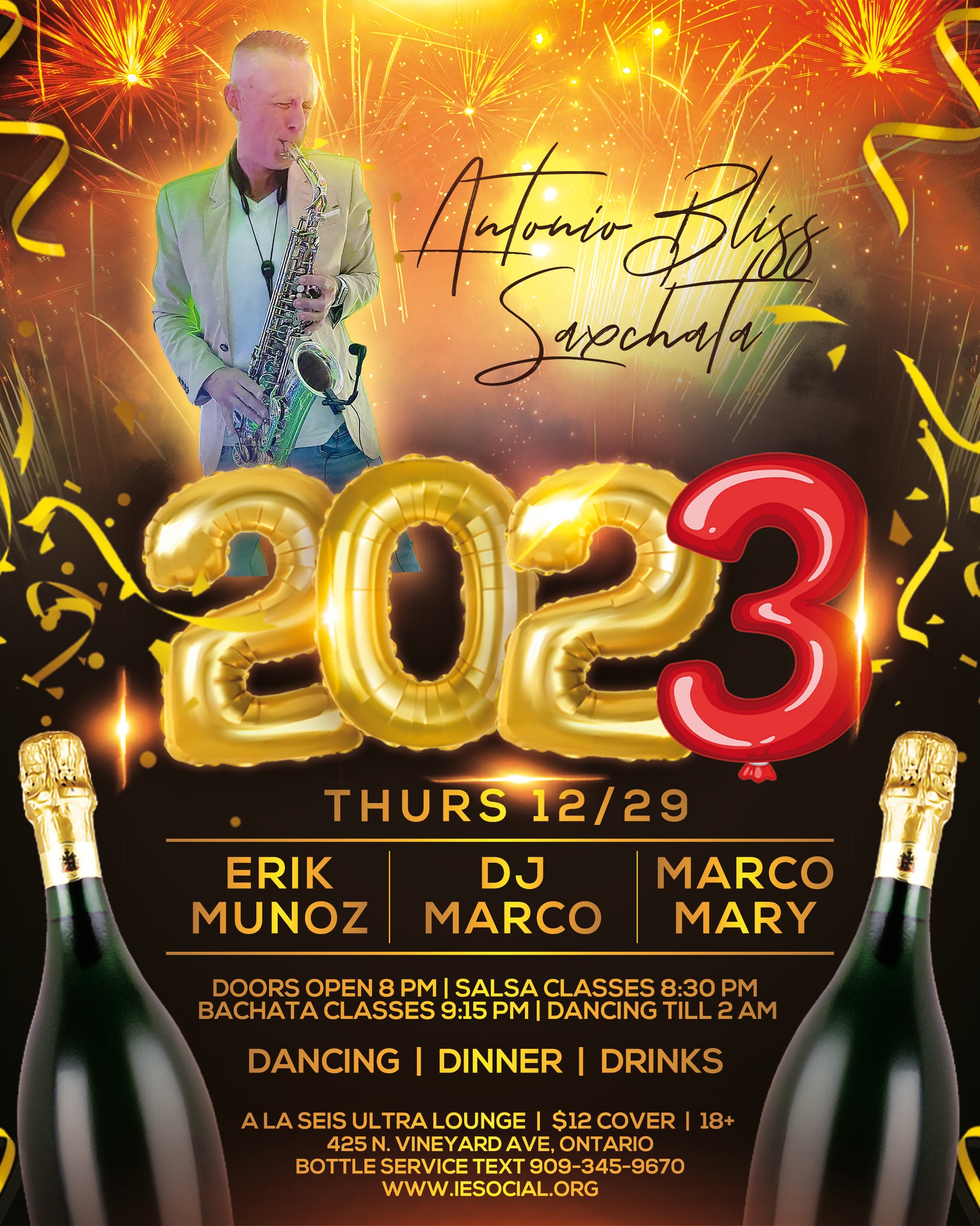 Live Saxchata Antonio Bliss LAST Bachata Salsa Thursday of the Year at A La Seis Ultra Lounge