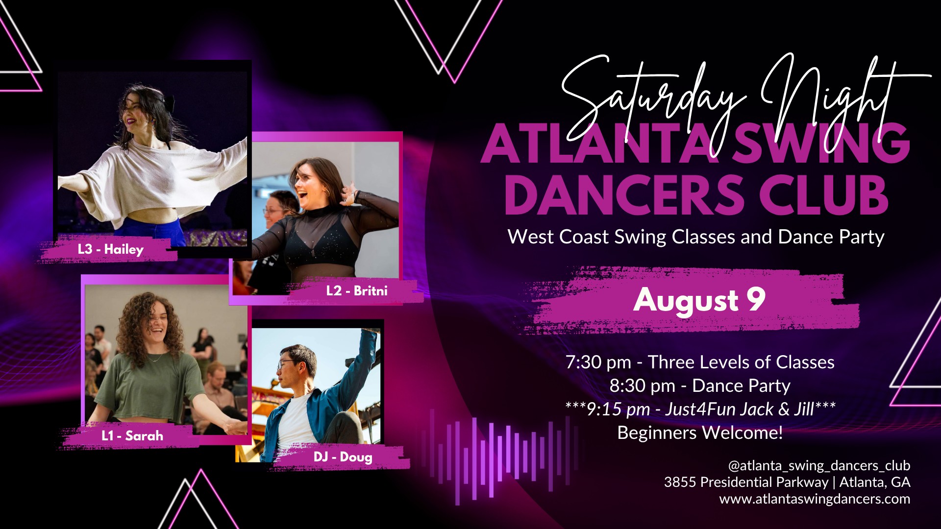 ASDC West Coast Swing Classes and Dance Party Saturday August 9