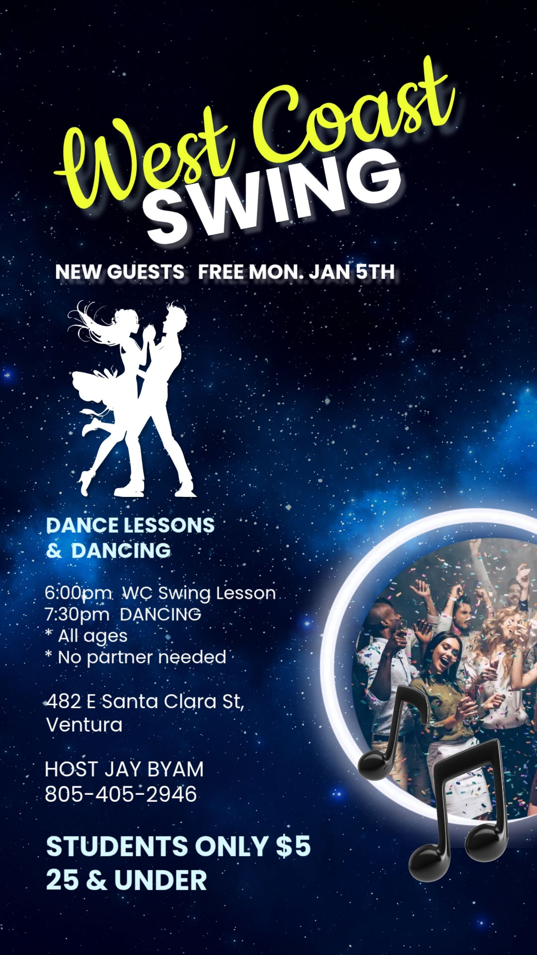 WEST COAST SWING - MONDAYS lesson & Dance NEW GUESTS FREE