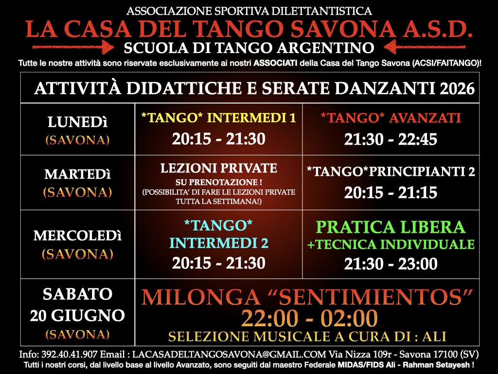Attività settimana 2026 ASD La Casa del Tango Savona!
