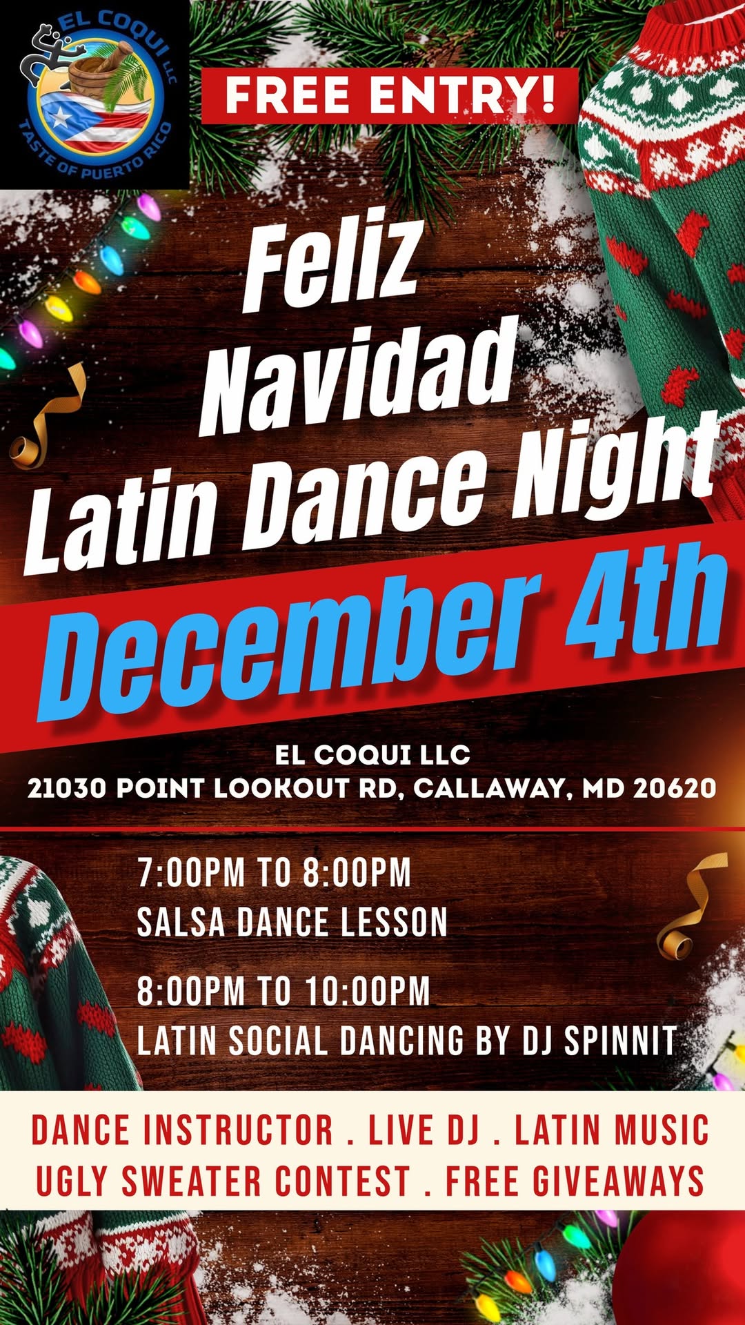Feliz Navidad Latin Dance Night at El Coqui LLC