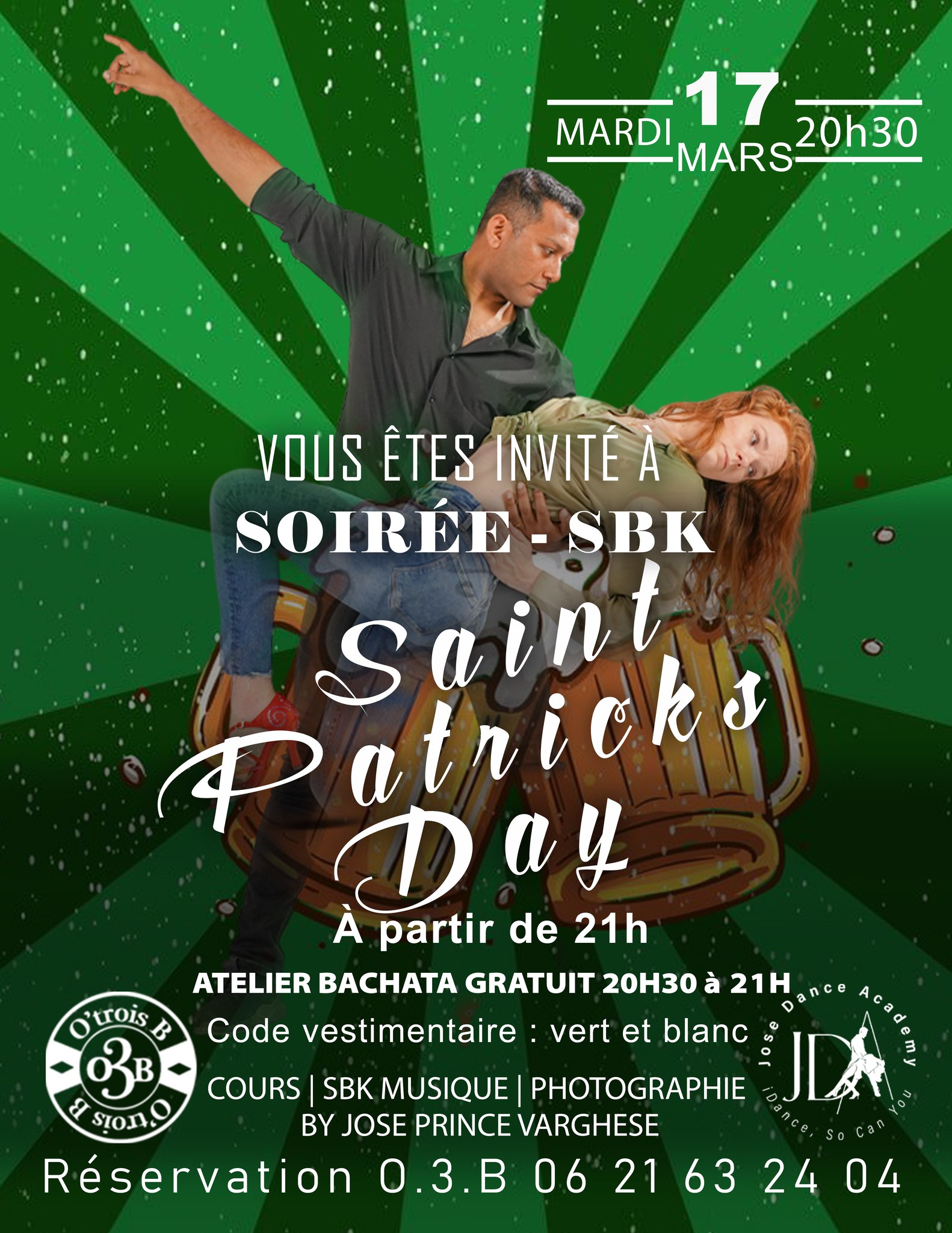 Soirée Saint-Patrick SBK Blois Bachata Cours Gratuite O3B Jose Prince Varghese