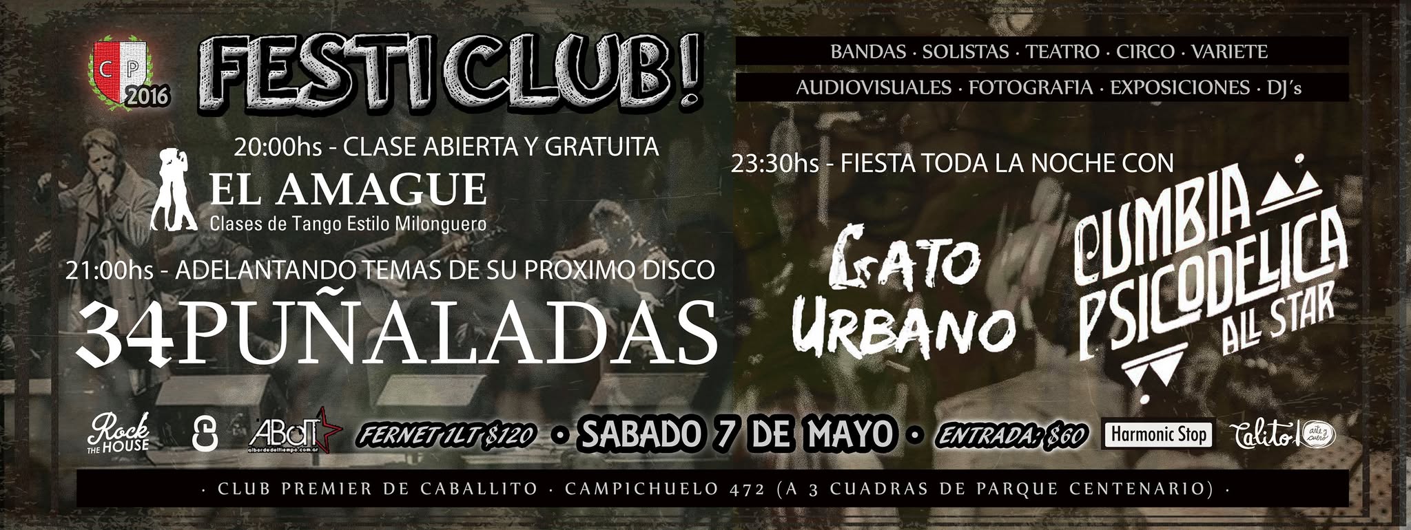 Festiclub con 34Puñaladas, Clase Abierta y Gratuita "El Amague". Fiesta toda la noche con Gato Urbano y Makumbia Psicodelica