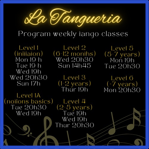 Weekly TANGO classes La Tangueria Brussels (16 groups, 7 levels, 5 days)