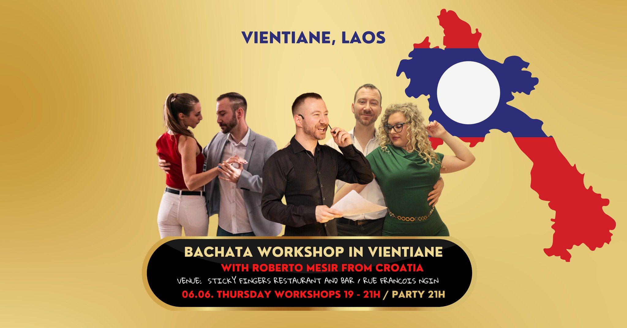π₯ Bachata Workshop in Vientiane with Roberto Mesir from Croatia β
06.06. Thursday 19 - 21h