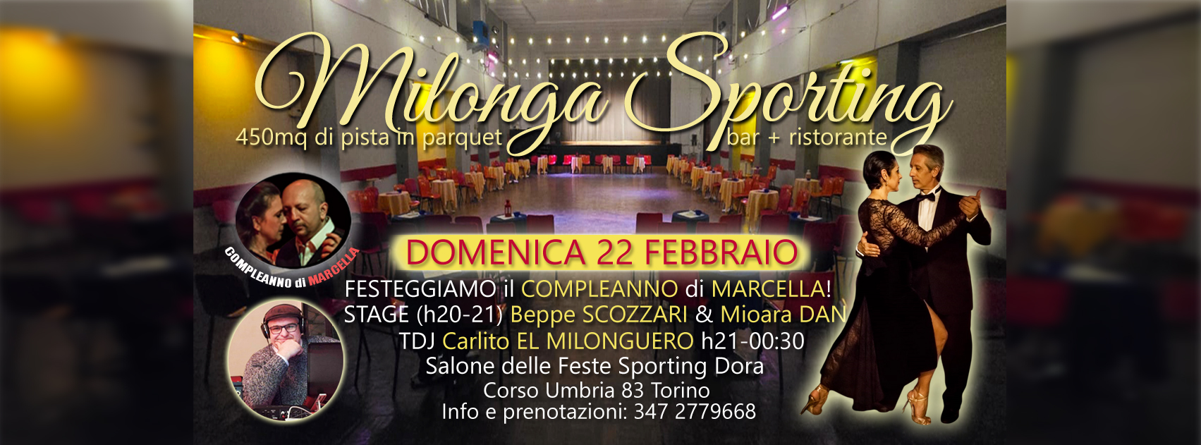DOMENICA 22 FEBBRAIO MILONGA SPORTING STAGE BEPPE SCOZZARI & MIOARA DAN! DJ CARLITO COMPLY MARCELLA!