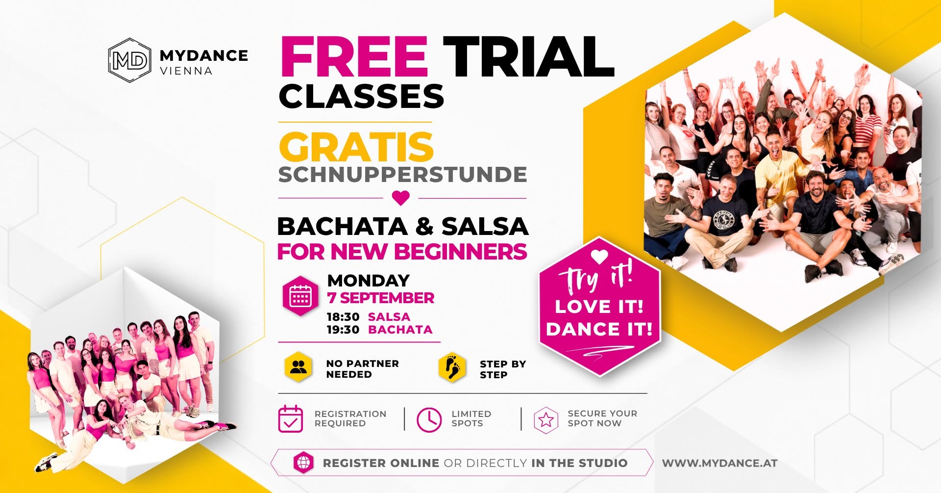 FREE BEGINNER BACHATA & SALSA Trial Classes GRATIS Schnupperstunden 7. September at MyDance