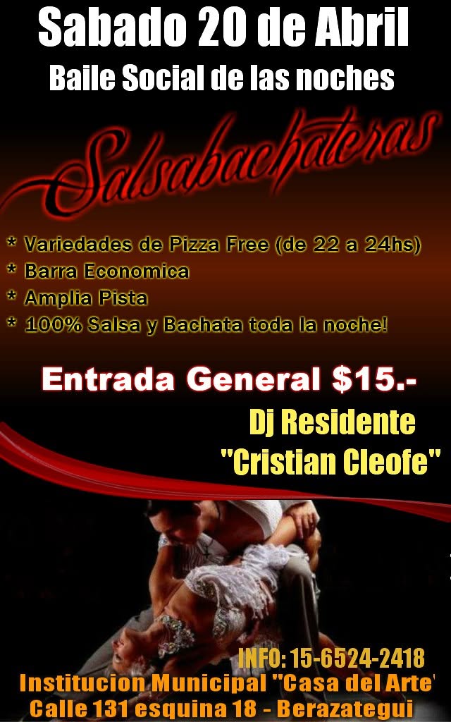 SABADO 20 BAILE SOCIAL DE SALSA Y BACHATA EN BERAZATEGUI!!! "SALSABACHATERAS"