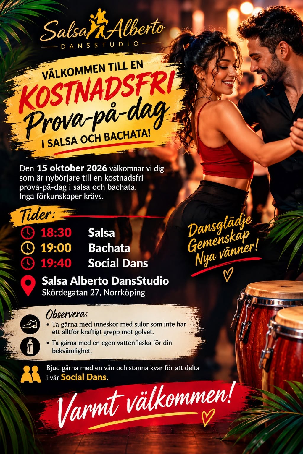 Välkommen till en kostnadsfri prova-på-dag i salsa och bachata!